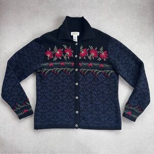 Talbots Wool and Silk Embroidered Poinsettia Cardigan. Navy/Black/Red. Large.